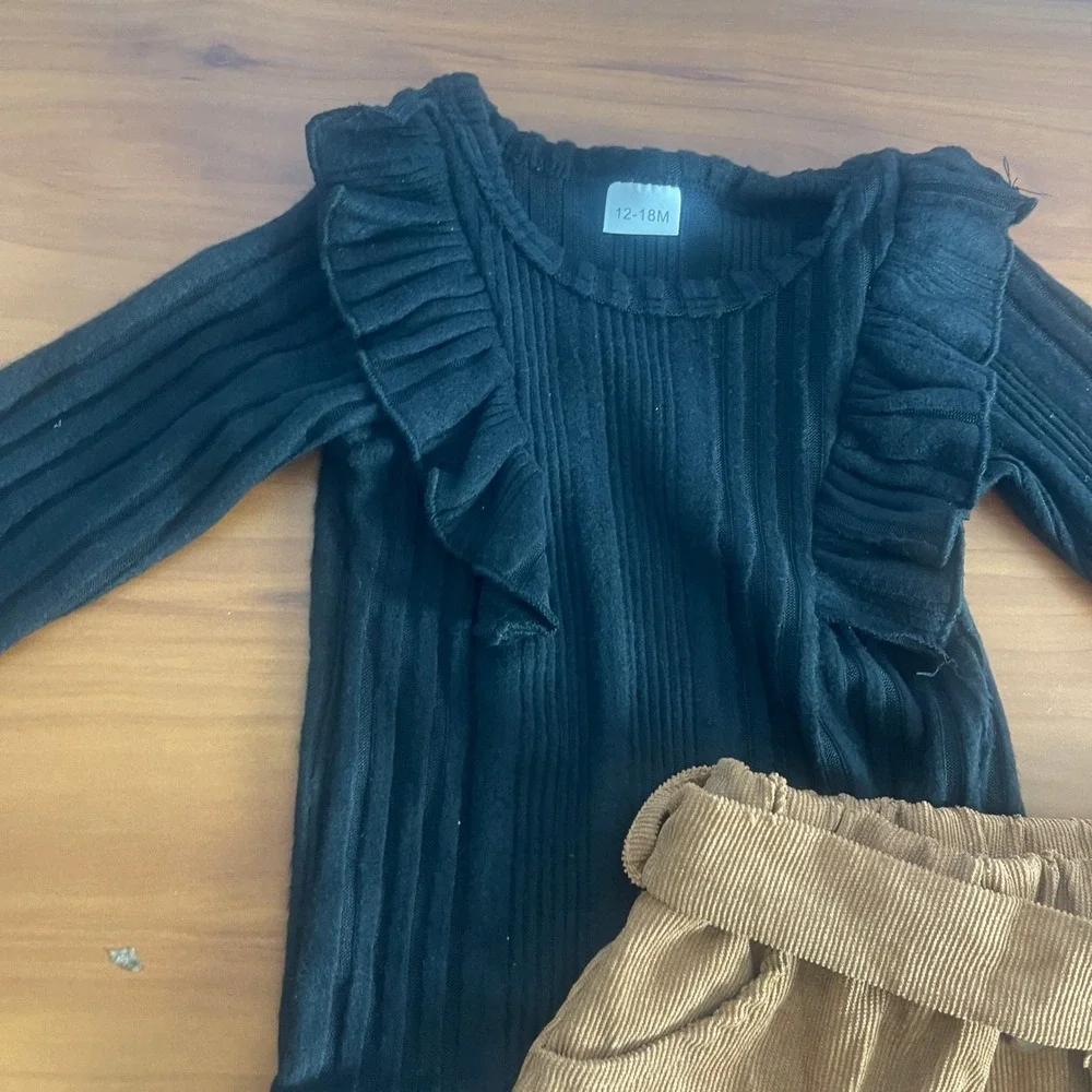 Girls Black Ruffle‎ Ribbed Bodysuit and Tan Corduroy Skirt Set 12-18M with Belt